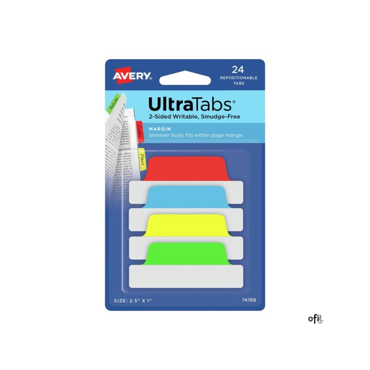 Ultra Tabs - samoprzylepne zakładki indeksujące, kolorowe, klasyczne, 63,5x25, 24 szt., Avery Zweckform 74768