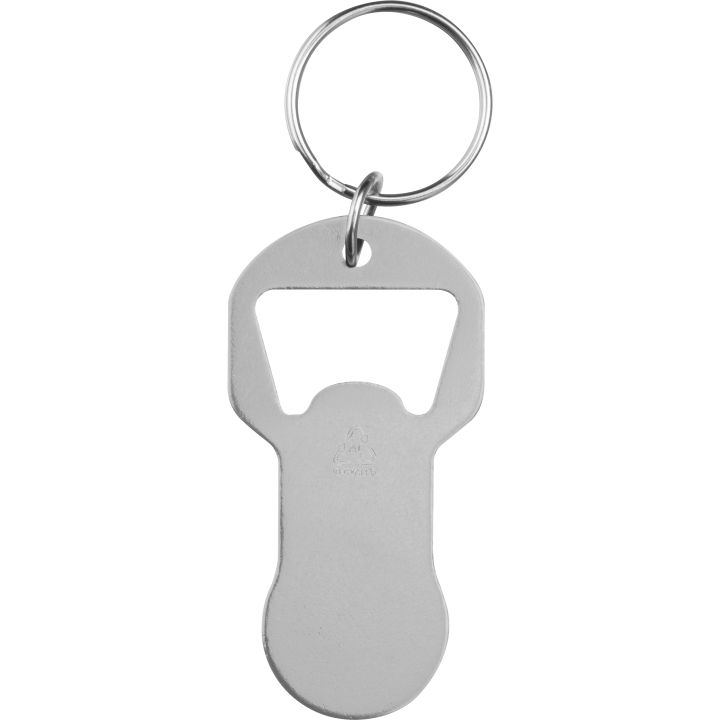 Brelok z otwieraczem do butelek i żetonem do wózka z aluminium z recyklingu OLIWIER