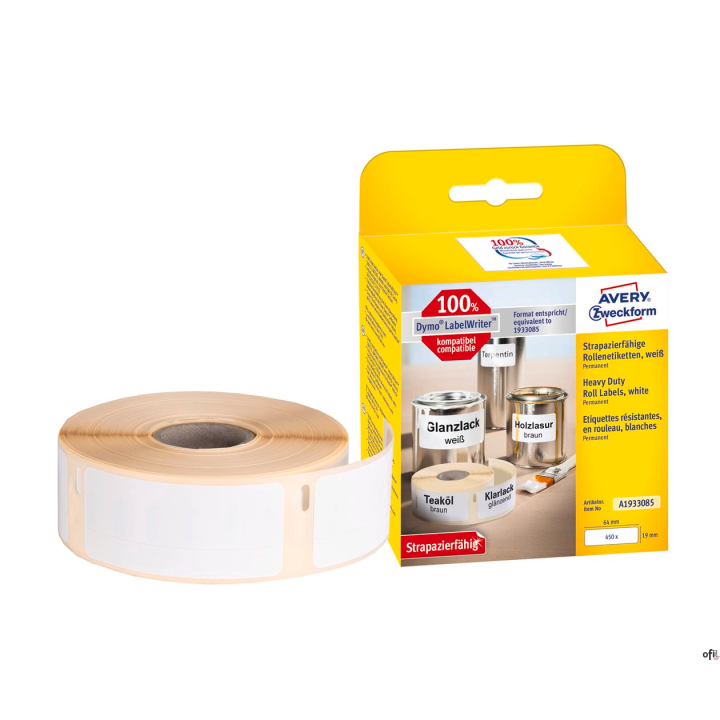 • Etykiety Heavy Duty Avery Zweckform w rolce do drukarek termicznych • Są kompatybilne z: Dymo LabelWriter 300er-, 400er-, 450e