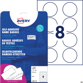 Samoprzylepne identyfikatory A4, 20 ark., okrągłe _65 mm, białe, sztuczny jedwab, usuwalne, L4881_20, Avery Zweckform