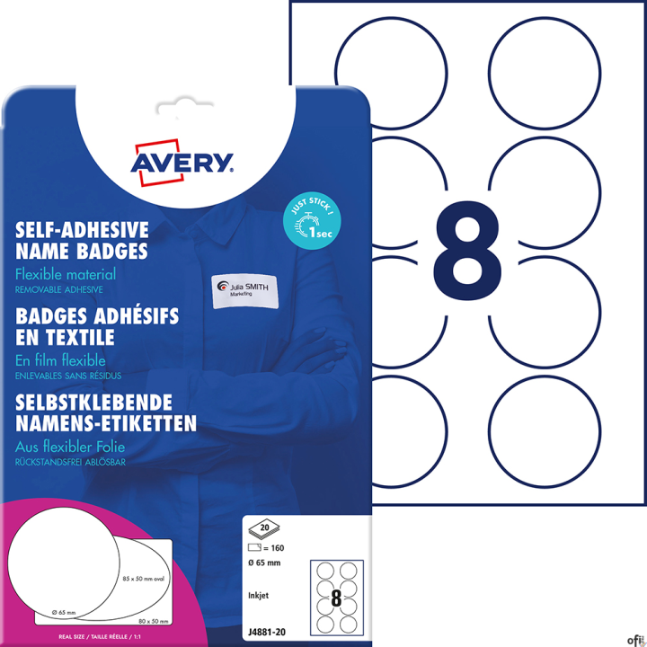 Samoprzylepne identyfikatory A4, 20 ark., okrągłe _65 mm, białe, folia, usuwalne, J4881_20, Avery Zweckform