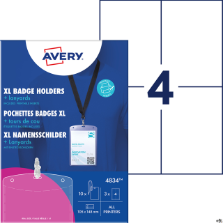 Zestaw: holdery A6 ze smyczą i wkładami, Avery• 10 przezroczystych holderów na identyfikatory + smycze.• W dużym formacie A6 105