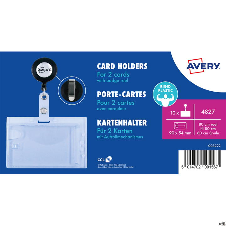 Podwójny holder ze zwijaczem na klips, Avery• 10 przezroczystych holderów na karty z mechanizmem ściągającym i klipsem.• Praktyc