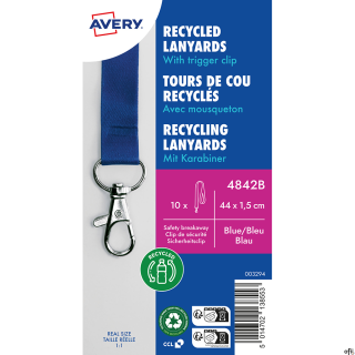 Smycze 100% recyklingowany PET, Avery• Niebieskie smycze o wymiarach: 15 mm szerokości i 440 mm długości• Są idealne na konferen