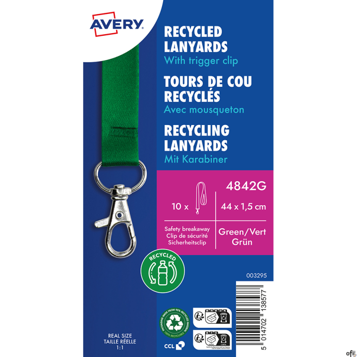 Smycze 100% recyklingowany PET, Avery• Zielone smycze o wymiarach: 15 mm szerokości i 440 mm długości• Są idealne na konferencje