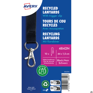Smycze 100% recyklingowany PET, Avery• Czarne smycze o wymiarach: 15 mm szerokości i 440 mm długości• Są idealne na konferencje,