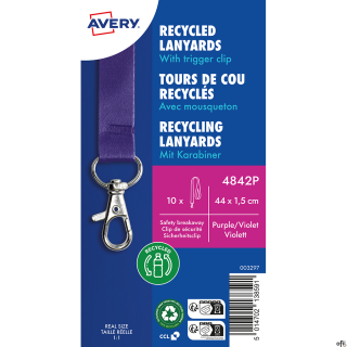 Smycze 100% recyklingowany PET, Avery• Fioletowe smycze o wymiarach: 15 mm szerokości i 440 mm długości• Są idealne na konferenc