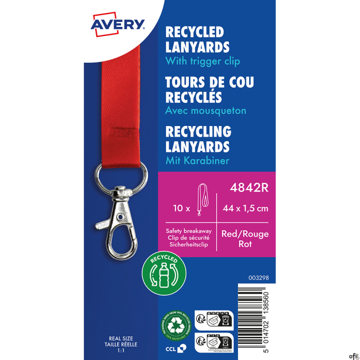 Smycze 100% recyklingowany PET, Avery• Czerwone smycze o wymiarach: 15 mm szerokości i 440 mm długości• Są idealne na konferencj