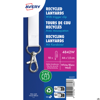 Smycze 100% recyklingowany PET, Avery• Białe smycze o wymiarach: 15 mm szerokości i 440 mm długości• Są idealne na konferencje, 