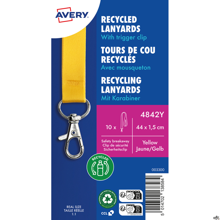 Smycze 100% recyklingowany PET, Avery• Żółte smycze o wymiarach: 15 mm szerokości i 440 mm długości• Są idealne na konferencje, 