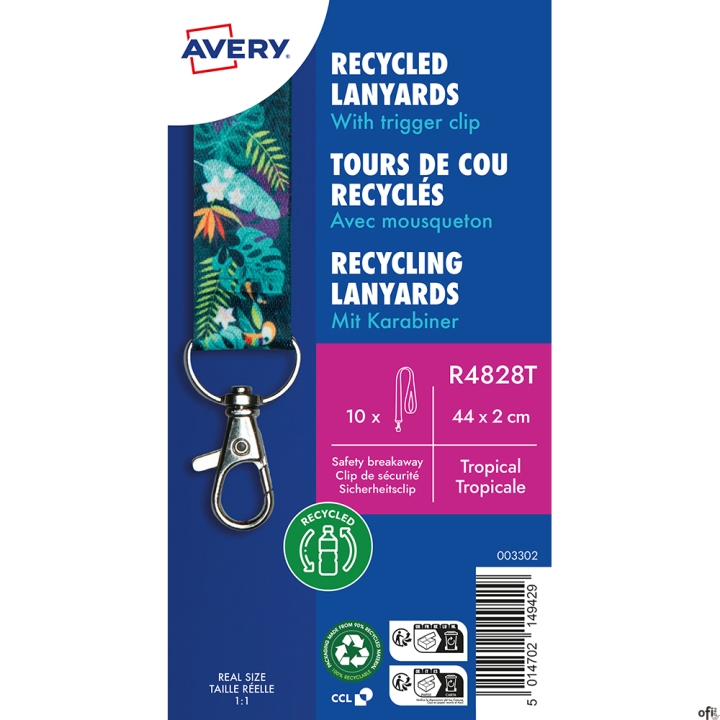 Smycze ze wzorem, 100% recyklingowany PET, Avery• Smycze z tropikalnym wzorem o wymiarach: 20 mm szerokości i 440 mm długości• S