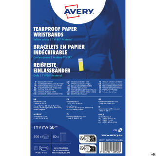 Opaski na rękę Tyvek®, Avery• Żółte neonowe opaski na rękę, w rozmiarze 256 x 19 mm.• Posiadają numerację seryjną i przydają się
