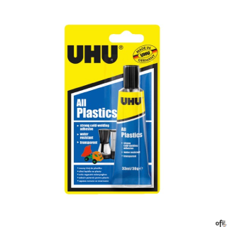 Mocny i uniwersalny klej do tworzyw sztucznych UHU ALLPLAST. Tubka 33 ml/30 g. Przezroczysty i wielofunkcyjny, do zastosowań dom