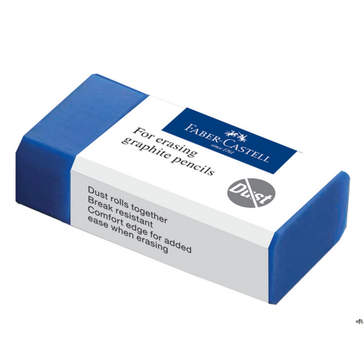 Gumka do wymazywania Dust Free Faber-Castell w kolorze niebieskim w ochronnym opakowaniu. Zrównoważone połączenie tworzyw sztucz