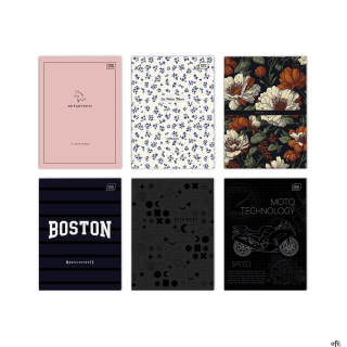 Zeszyt__okładka pokryta lakierem UV__zaokrąglone rogi (format A5)__bogata kolorystyka i duża_różnorodność wzorów okładek__jednos