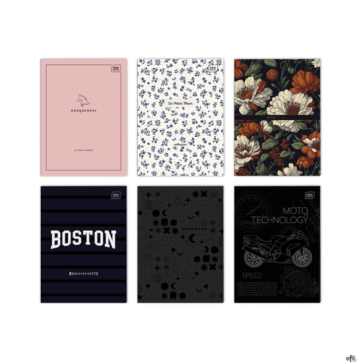 Zeszyt__okładka pokryta lakierem UV__zaokrąglone rogi (format A5)__bogata kolorystyka i duża_różnorodność wzorów okładek__jednos