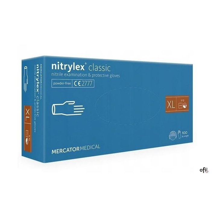 Rękawice nitrylowe bezpudrowe diagnostyczne MERCATOR, nitrylex classic, (100 szt.), rozmiar XL, niebieskie