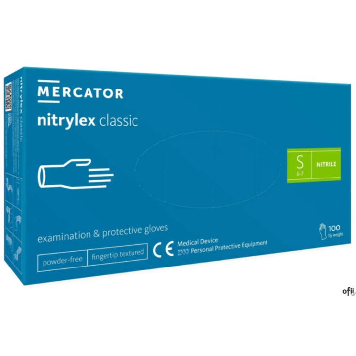Rękawice nitrylowe bezpudrowe diagnostyczne MERCATOR, nitrylex classic, (100 szt.), rozmiar S, niebieskie