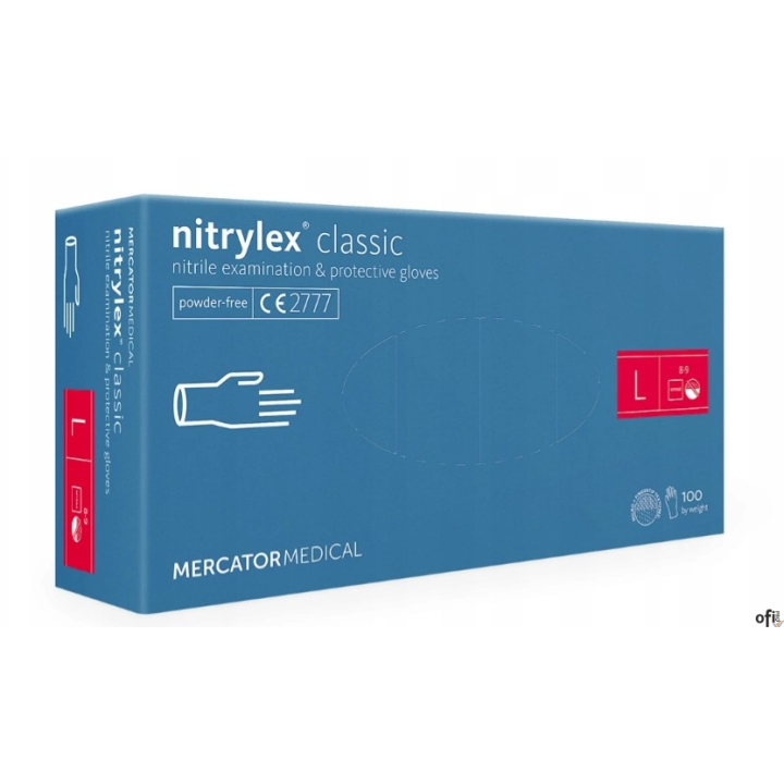 Rękawice nitrylowe bezpudrowe diagnostyczne MERCATOR, nitrylex classic, (100 szt.), rozmiar L, niebieskie