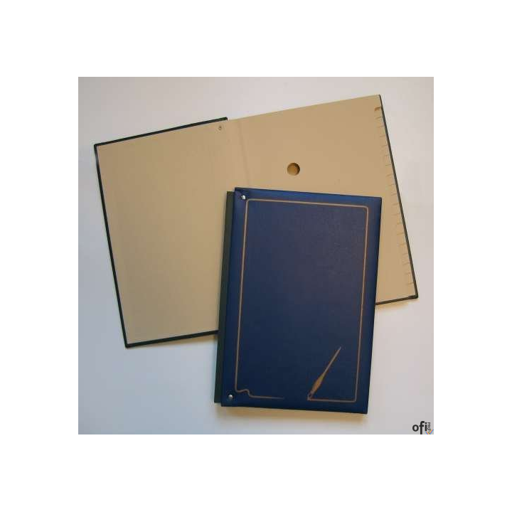 Okładka twarda, oprawiona w okleinę powleczoną PVC, z gąbką. Grzbiet harmonijka. Łączenie okładki z blokiem wzmocnione nitami. B