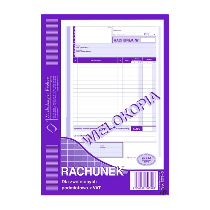 223-3 Rachunek A5 dla zw.z VAT (pion) wielokopia MICHALCZYK i PROKOP