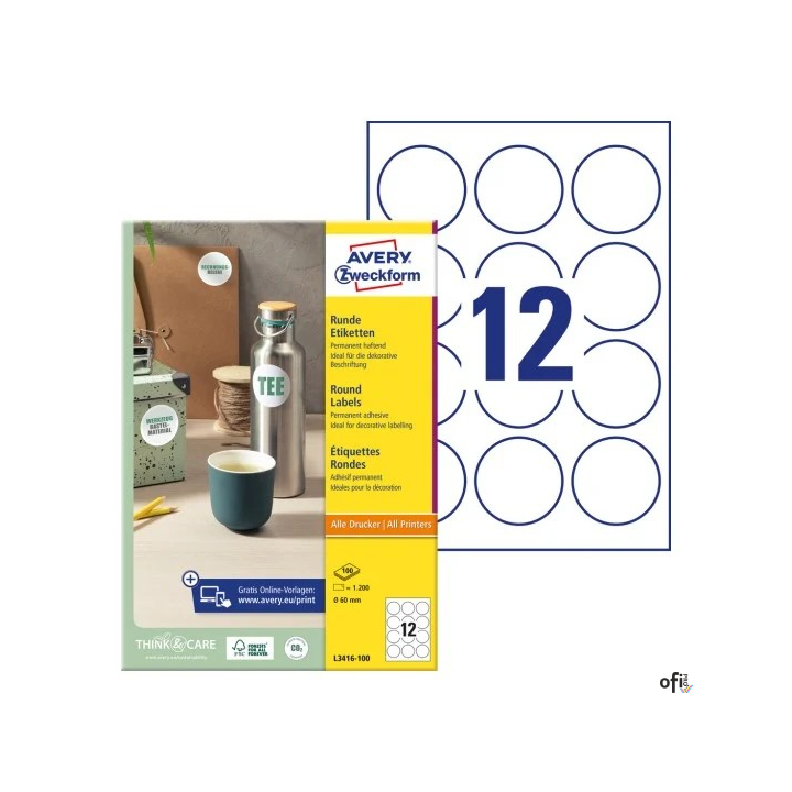 Etykiety okrągłe L3416-100 Q60 100 ark trwałe, Avery Zweckform