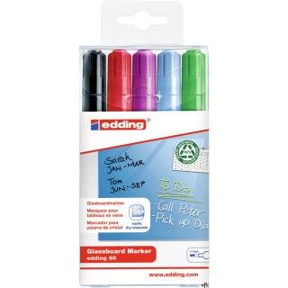 Marker EDDING do tablic szklanych czarny,czerwony,fioletowy,błękitny, zielony etui 5 szt. 90/5s/000 ed (X)