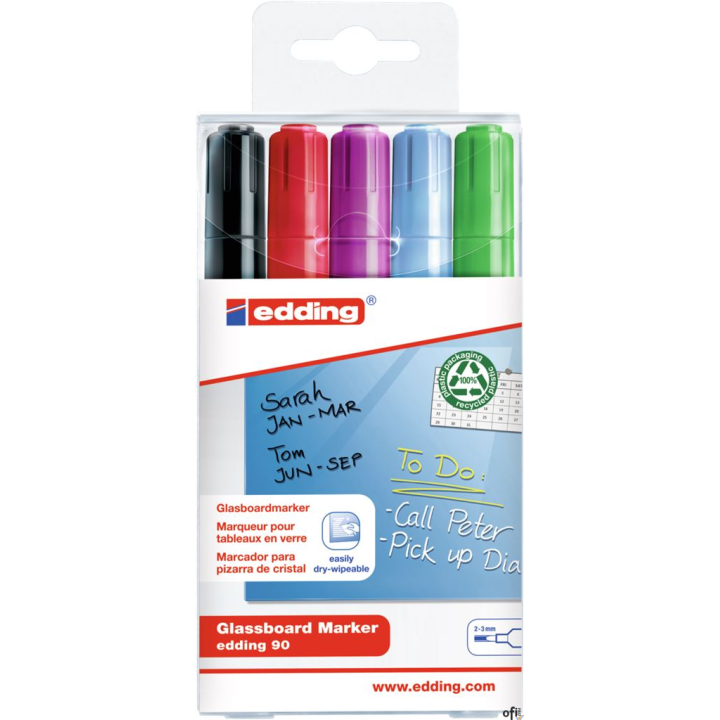 Marker EDDING do tablic szklanych czarny,czerwony,fioletowy,błękitny, zielony etui 5 szt. 90/5s/000 ed (X)