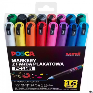 Markery z tuszem pigmentowym PC-1MR, komplet 16 sztuk POSCA UNPC1MR/16C SALE ceramika papier drewno SALE