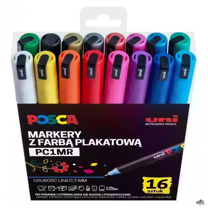 Markery z tuszem pigmentowym PC-1MR, komplet 16 sztuk POSCA UNPC1MR/16C SALE ceramika papier drewno SALE