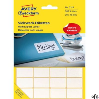 Białe minietykiety do opisywania ręcznego, 960 etyk./op., 29 x 18 mm, białe, AVERY ZWECKFORM, 3319