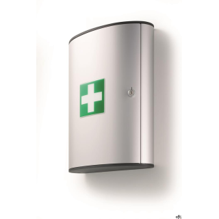 Elegancka apteczka FIRST AID BOX wykonana z wysokiej jakości aluminium, z wyposażeniem zgodnie z DIN 13 157 (w biurach i przedsi