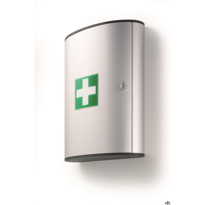Elegancka apteczka FIRST AID BOX wykonana z wysokiej jakości aluminium, z wyposażeniem zgodnie z DIN 13 157 (w biurach i przedsi