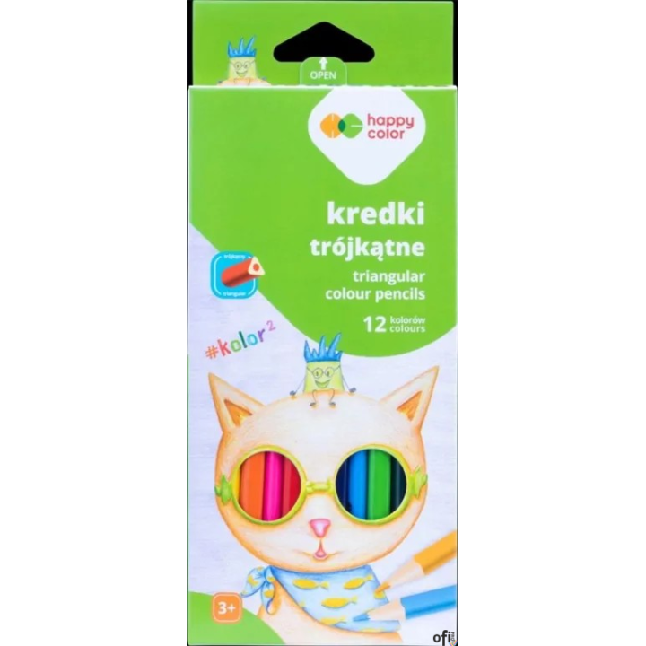 Kredki drewniane, szkolne, trójkątne, 12 kol. KOLOR2, Happy Color