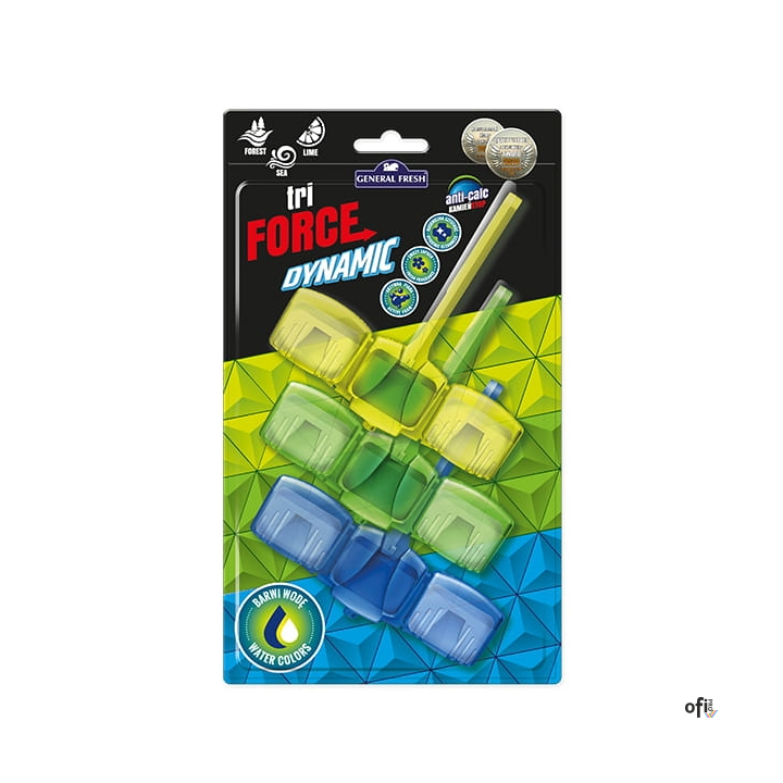 Kostka do WC, zawieszka 3 _ 45 g, Trio_Force Dynamik (cytryna, morze, las), 70705, General Fresh