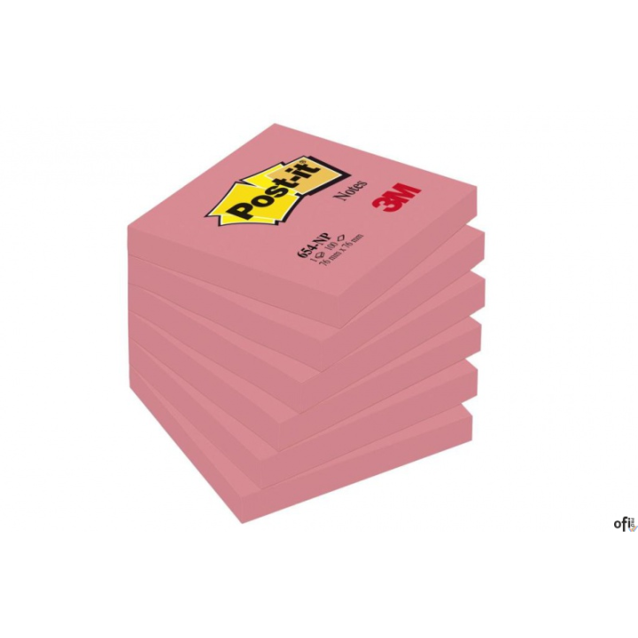 Bloczek samoprzylepny POST-IT (654N), 76x76mm, 1x100 kart., jaskrawy różowy