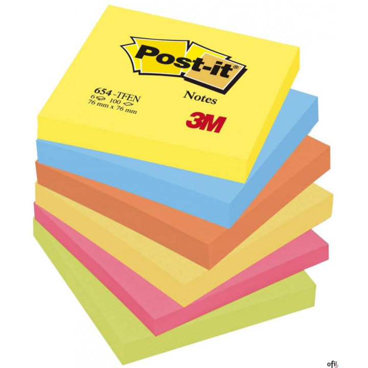 Bloczek samoprzylepny POST-IT (654-TFEN), 76x76mm, 6x100 kart., paleta energetyczna