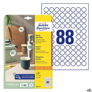 Etykiety o nietypowych kształtach, A4, 10 ark./op., Q20 mm, okrągłe, trwałe, AVERY ZWECKFORM, 6222.10.01