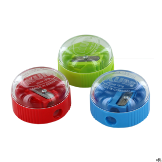 Temperówka plastikowa KUM z pojemnikiem na ostrużyny w kształcie kopuły. Pojedyncza, wykonana z polistyrenu, przeznaczona do sze