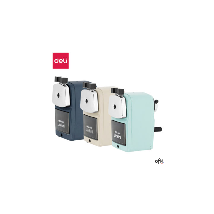 Temperówka na korbkę Deli Linfini E0620Sobrotowa ostrzałka w kolorach: białym, zielonym, niebieskimwytrzymała obudowa wykonana z