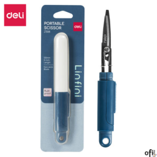 Kompaktowe nożyczki Deli EZ508 w bezpiecznym etui, niebieskie, EZ508Bdługość 125 mmostrza ze stali nierdzewnej zapobiegające prz