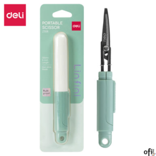Kompaktowe nożyczki Deli EZ508 w bezpiecznym etui, zielone, EZ508GRdługość 125 mmostrza ze stali nierdzewnej zapobiegające przyk