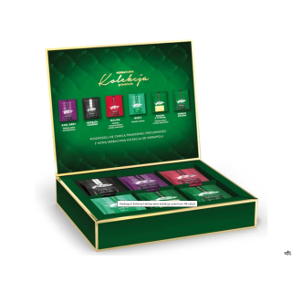 Luksusowa kolekcja 6 smaków: herbata zielona, czarna, Earl Grey, malina, mięta, zielona z cytryną. 48 dwukomorowych saszetek w k