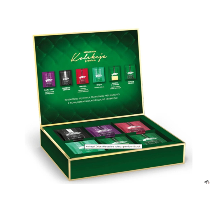 Luksusowa kolekcja 6 smaków: herbata zielona, czarna, Earl Grey, malina, mięta, zielona z cytryną. 48 dwukomorowych saszetek w k