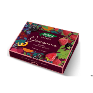 Kolorowa kolekcja 6 herbat owocowo-ziołowych (malina, wiśnia, owoce leśne, truskawka i inne). W eleganckiej bombonierce — 30 tor