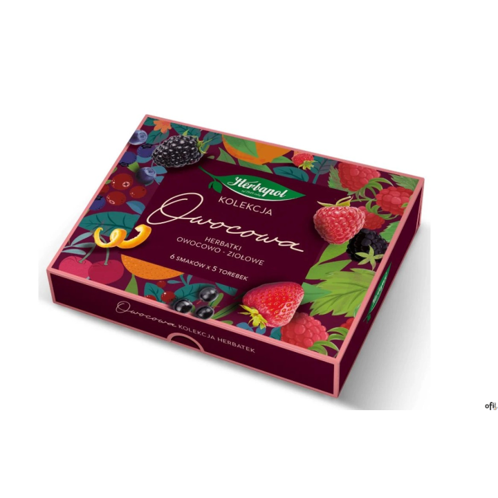 Kolorowa kolekcja 6 herbat owocowo-ziołowych (malina, wiśnia, owoce leśne, truskawka i inne). W eleganckiej bombonierce — 30 tor