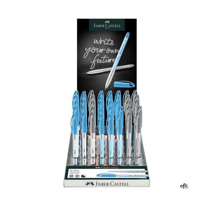 Display długopisów K-One Faber-Castell 40 szt. w kolorze czarnym i niebieskim. Zapewniają wyjątkowo gładkie i niestrudzone pisan