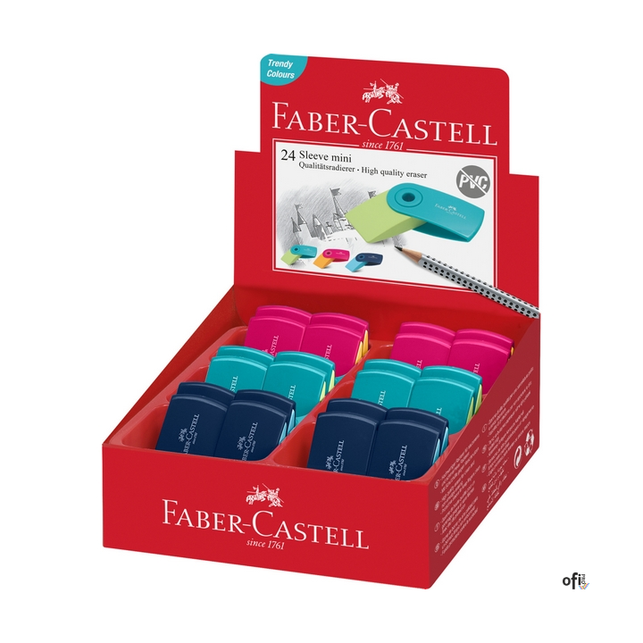 Gumka do wymazywania Faber-Castell z serii Sleeve Mini 24 szt. w kolorach Trend (różowo-pomarańczowym, turkusowo-jasnozielonym, 