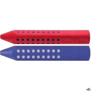 Gumka do wymazywania Grip 2001 Faber-Castell w kolorze czerwonym lub niebieskim. Nie zawiera PVC. Ergonomiczny trójkątny kształt