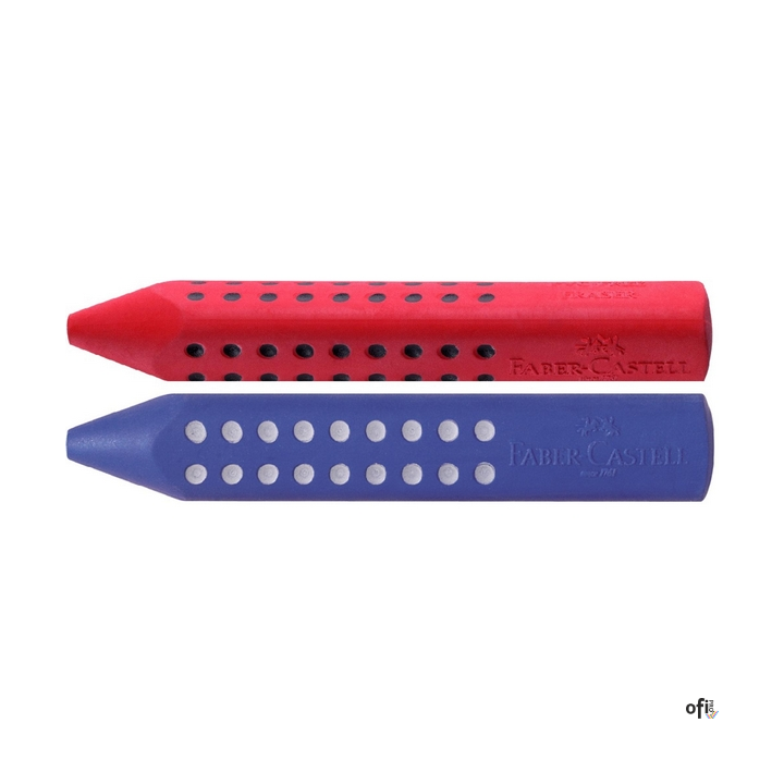 Gumka do wymazywania Grip 2001 Faber-Castell w kolorze czerwonym lub niebieskim. Nie zawiera PVC. Ergonomiczny trójkątny kształt